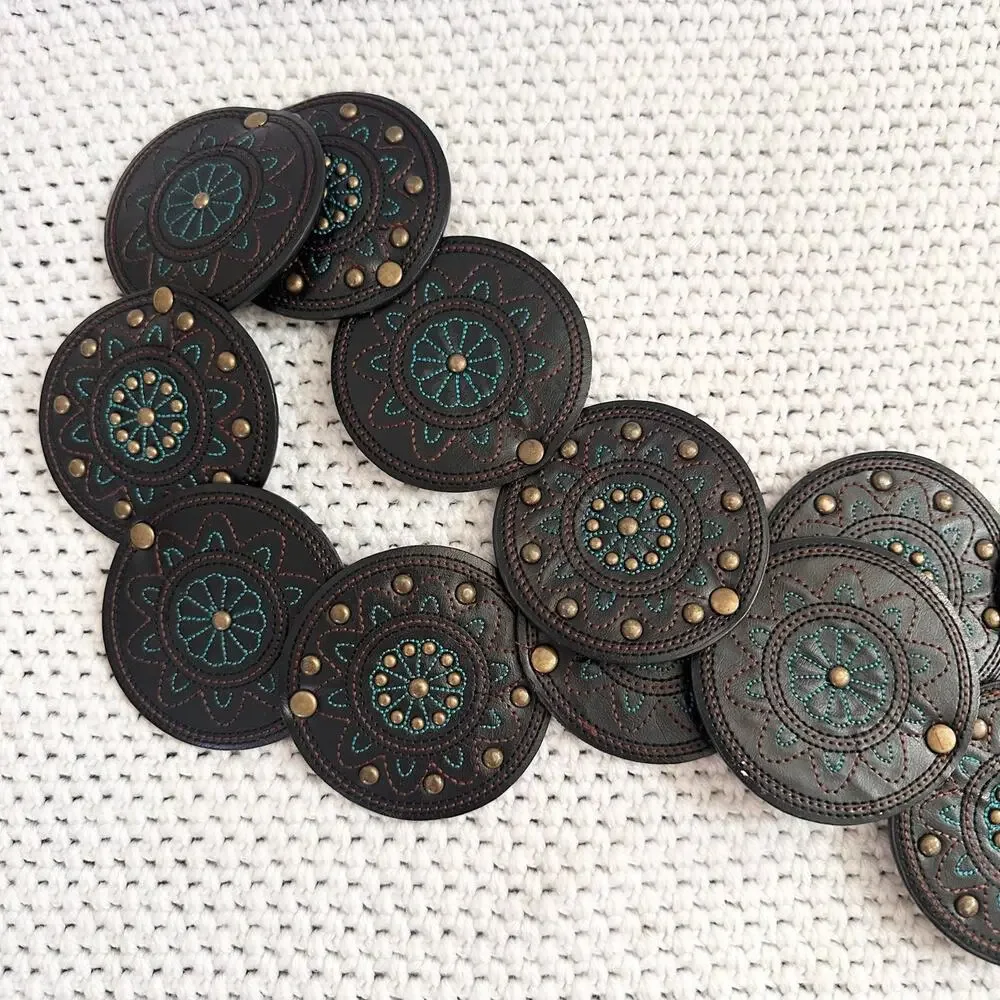 Chico's Vintage Black Faux Leather Disc Embroidered Turquoise Boho Waist Belt L